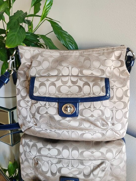 Coach Handbags - Coach Signature Stripe Tote • Blue Leather Trim • Beige/Blue Canvas • EUC